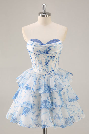 White Blue Flower Corset Tiered A Line Short Cocktail Dress with Lace